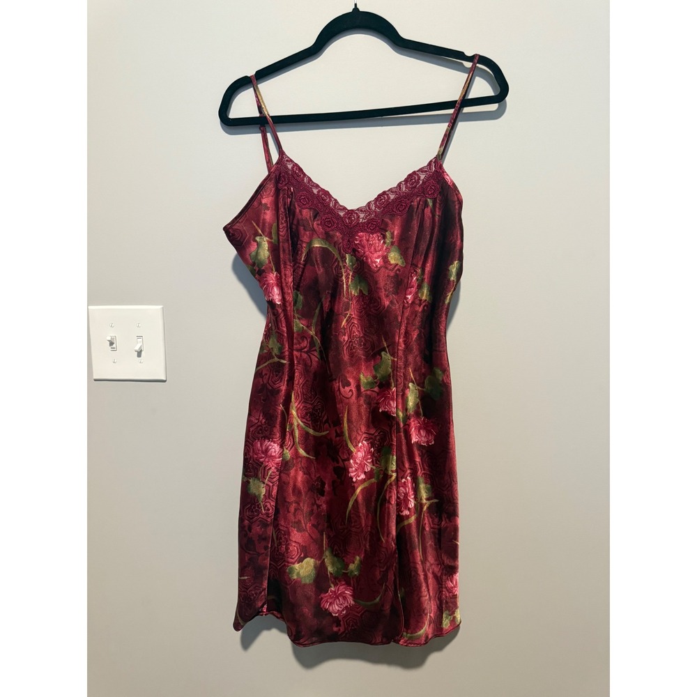 Sophia by Delicates Burgundy Floral Satin Lace Trim Nightgown Slip Dress Medium